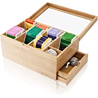 Amazy Caja para té de bambú – Caja de madera para té con 8 compartimentos- cristal templado y cajón para el…